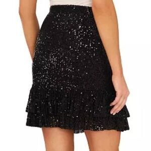 CeCe Women's Black Poly/Spandex Sequined Stretchy Lined Mini Skirt w Ruffle NEW